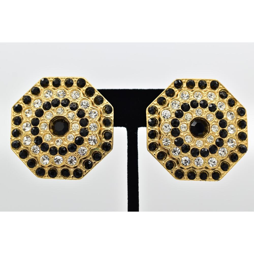 Big Vintage Clip On Earrings Gold Black White Crystal Chunky Heavy 1980s BinBF